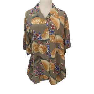 J. McLaughlin Sanyo Women's 14 Silk Blouse Tropical Fruit Print Tan Orange Blue